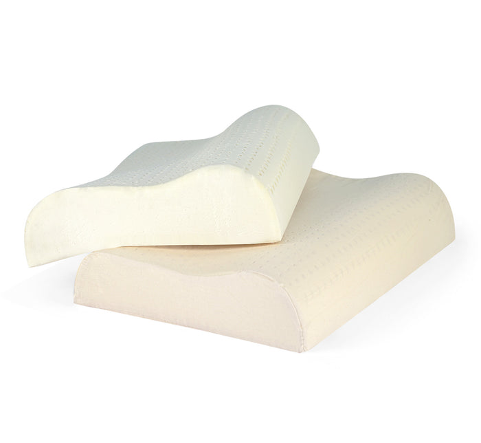Two Latex Contour Pillows stacked on white background showing curved ergonomic shape.