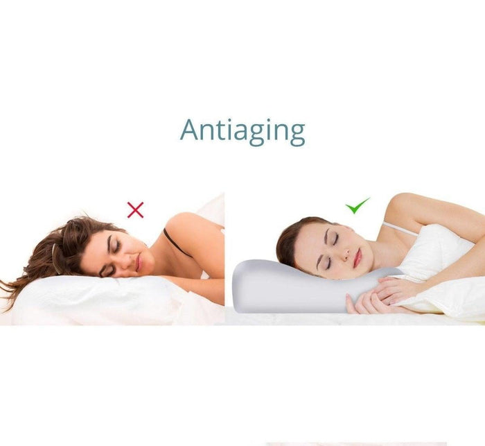 Antiaging comparison showing woman on flat pillow versus woman on Turmerry Latex Contour Pillow.