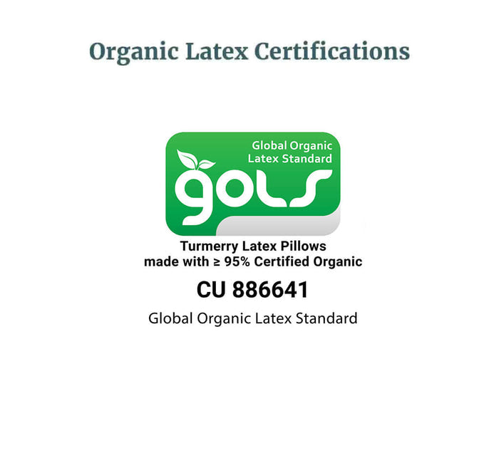 Global Organic Latex Standard certification badge for pillows made with ≥95% certified organic (CU 886641).