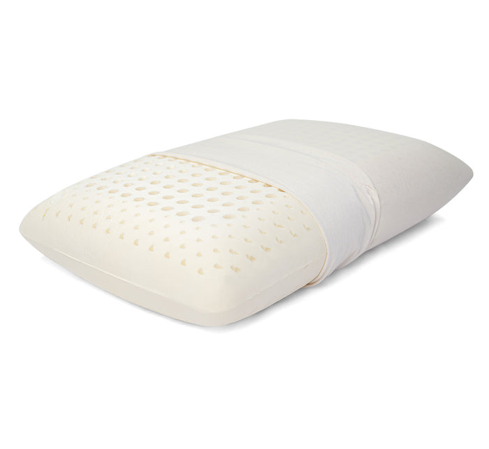 Organic latex pillow with cover half opened, in a white background, showing perforated surface detail.