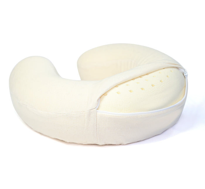 Turmerry latex travel neck pillow with white cover opened, displayed from side angle on white background.