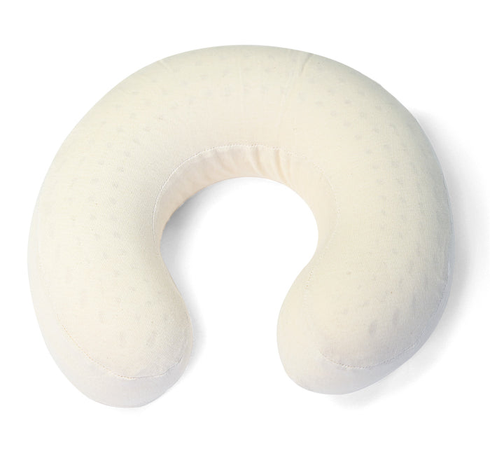 Turmerry latex travel neck pillow with smooth white cover displayed on white background.