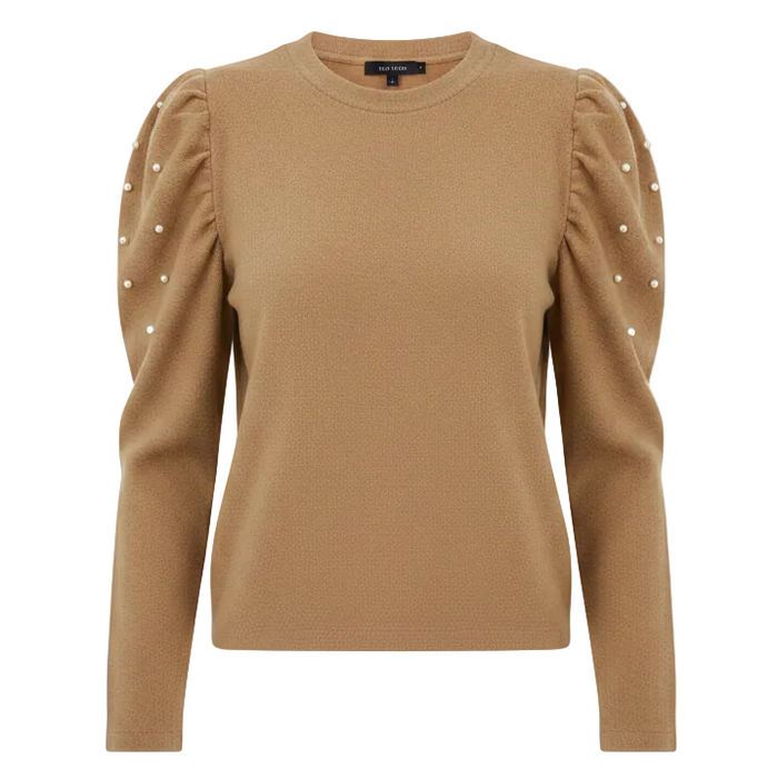 Pearl Shoulder Sweater Top Long Sleeve By Pomander Place In Tan, Size: M