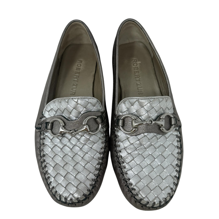 Perlata Anthracite & Silver Satin Metallic Loafers By Robert Zur In Silver, Size: 9