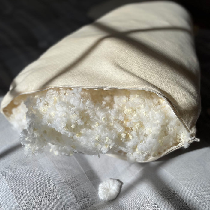 Opened view of  point Judith Natural Shredded Latex-Tencel™ Pillow with organic wool shown