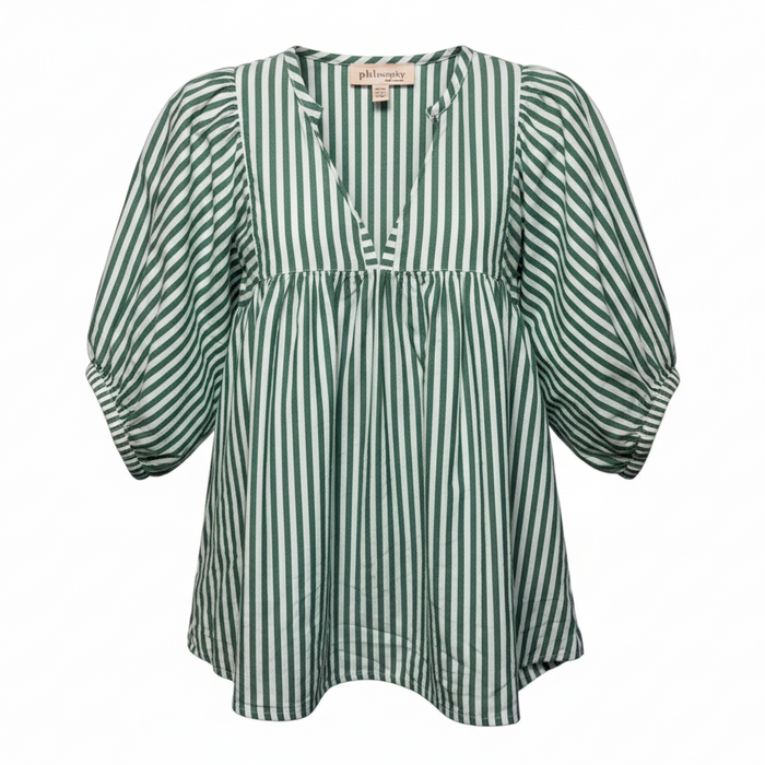 Puff Sleeve Top By Philosophy In Green & White Striped Pattern, Size: XS