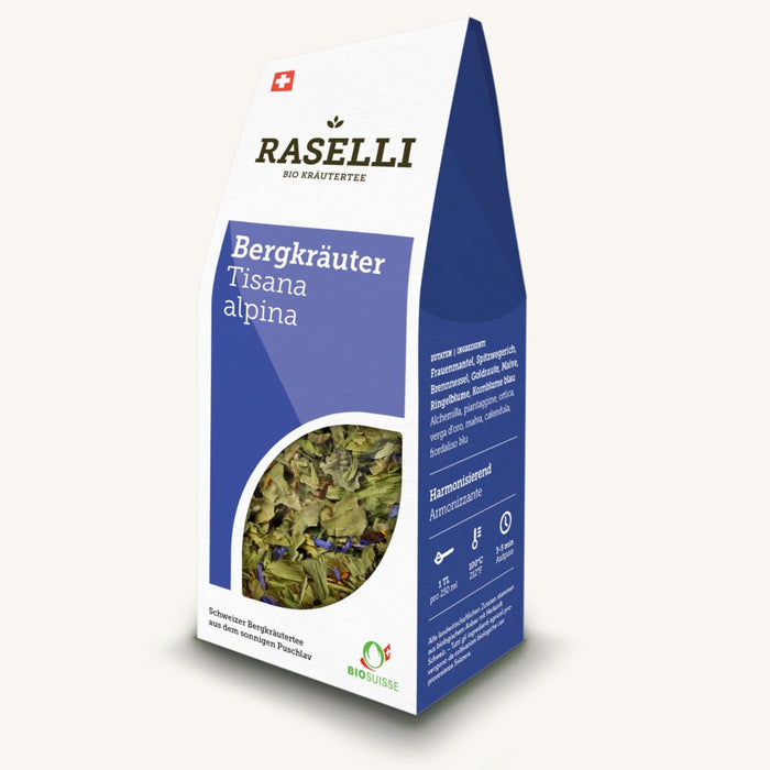 Bio Bergkräutertee (Raselli) – Kräutermischung als Offentee, 25 g in Kartonverpackung (Frauenmantel, Spitzwegerich, Brennnessel, Malve, Ringelblume, Kornblume blau)