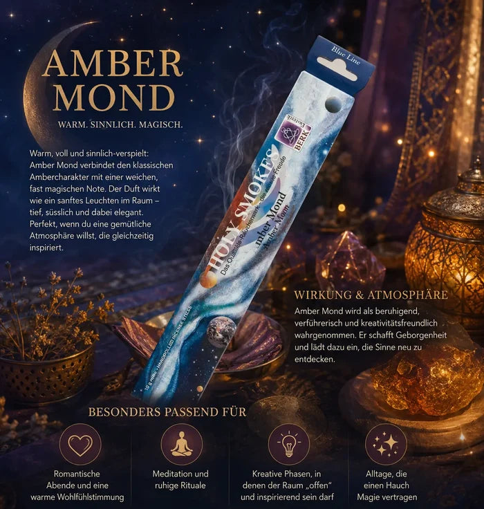 Berk Holy Smokes Räucherstäbchen Amber Mond – Blue Line Packung mit brennendem Stäbchen, Amber und Kerzen