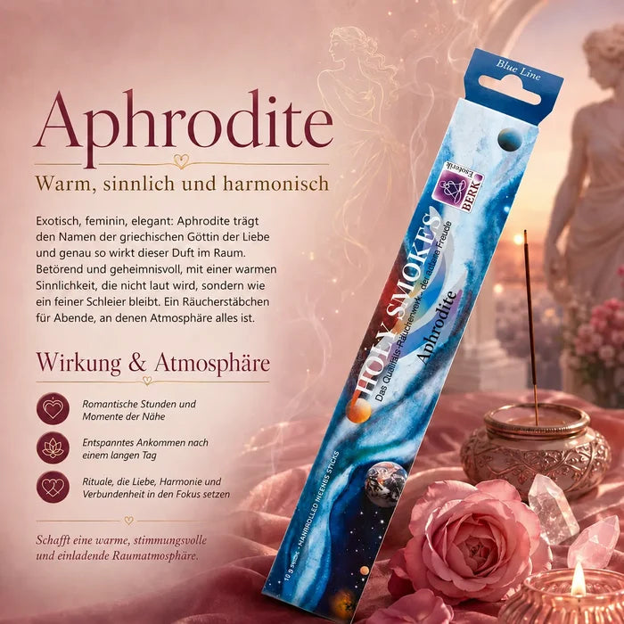 Berk Holy Smokes Räucherstäbchen Aphrodite – Blue Line Packung mit brennendem Stäbchen, Rosenblüten und Kerzen
