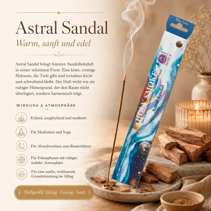 Berk Holy Smokes Räucherstäbchen Astral Sandel – Blue Line Packung mit brennendem Stäbchen, Sandelholz und Kerzen
