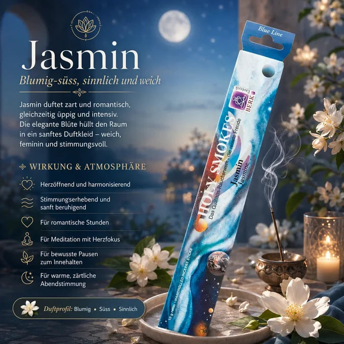 Berk Holy Smokes Räucherstäbchen Jasmin – Blue Line Packung mit brennendem Stäbchen, Jasminblüten und Kerzen