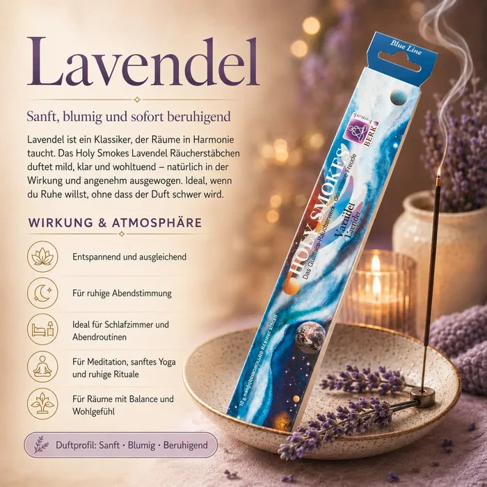 Berk Holy Smokes Räucherstäbchen Lavendel – Blue Line Packung mit brennendem Stäbchen, Lavendel und Kerzen