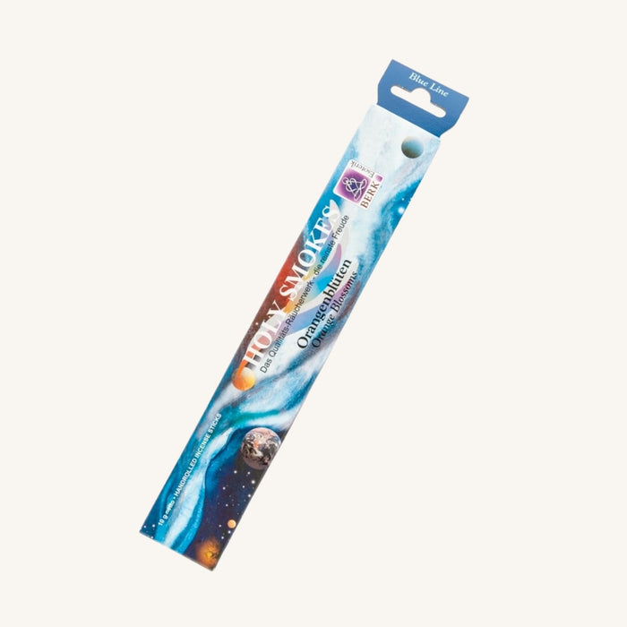 Verpackung der Blue Line Raeucherstaebchen mit Orangenblueten-Duft in blauem Design