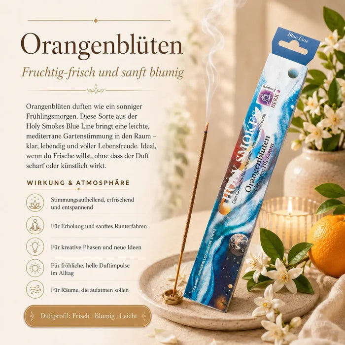 Berk Holy Smokes Räucherstäbchen Orangenblüten – Blue Line Packung mit brennendem Stäbchen, Orange und Kerzen