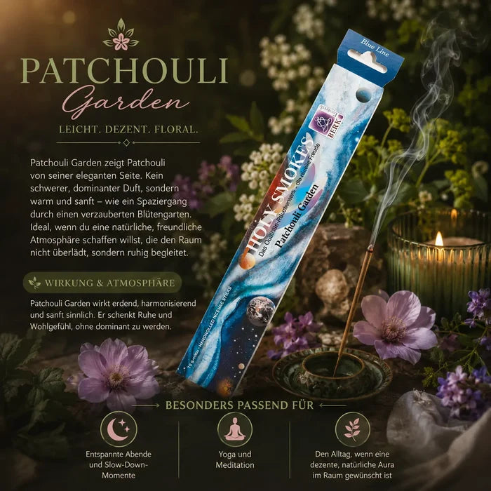 Berk Holy Smokes Räucherstäbchen Patchouli Garden – Blue Line Packung mit brennendem Stäbchen, Patchouli und Kerzen