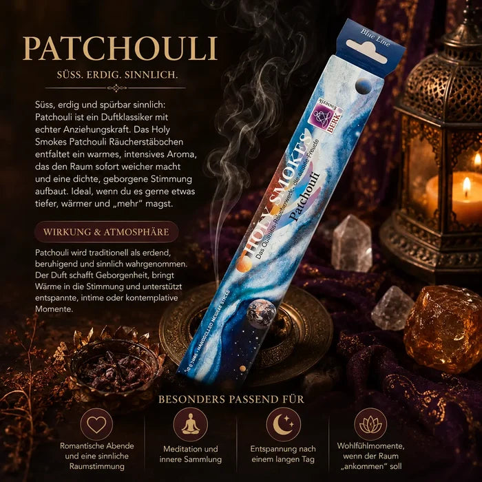 Berk Holy Smokes Räucherstäbchen Patchouli – Blue Line Packung mit brennendem Stäbchen, Patchouli und Kerzen