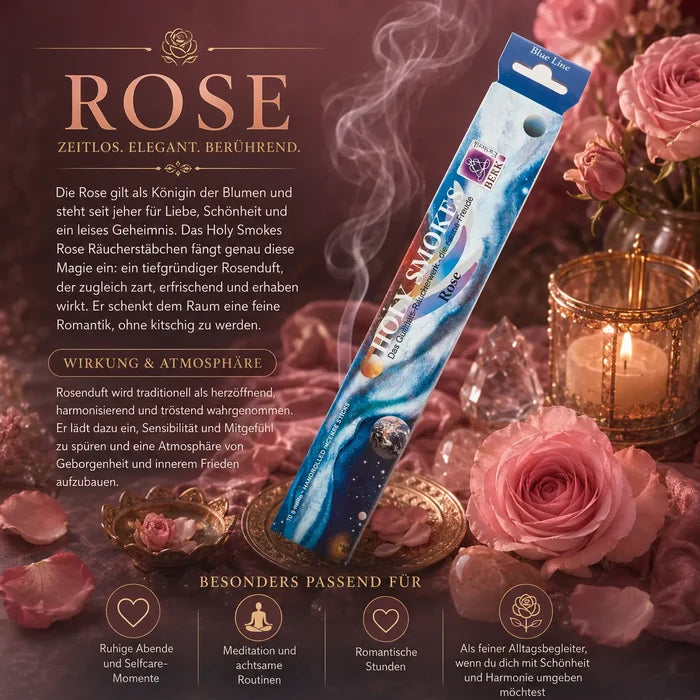 Berk Holy Smokes Räucherstäbchen Rose – Blue Line Packung mit brennendem Stäbchen, Rosen und Kerzen
