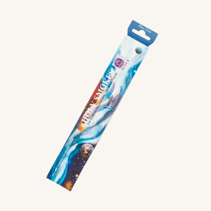 Verpackung der Blue Line Raeucherstaebchen mit Vanilleduft in blauem Design