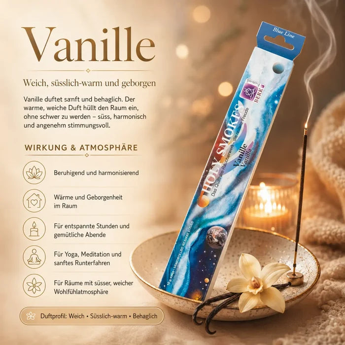 Berk Holy Smokes Räucherstäbchen Vanille – Blue Line Packung mit brennendem Stäbchen, Vanille und Kerzen