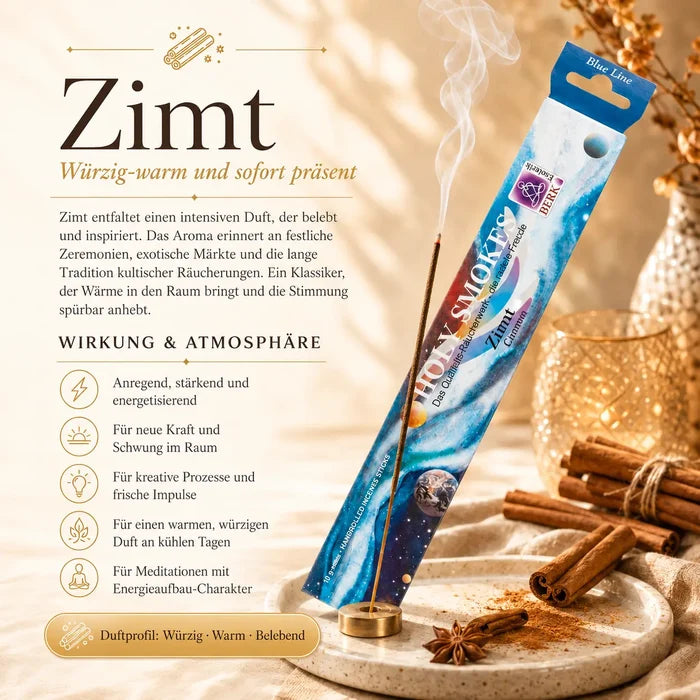 Berk Holy Smokes Räucherstäbchen Zimt – Blue Line Packung mit brennendem Stäbchen, Zimtstangen und Kerzen