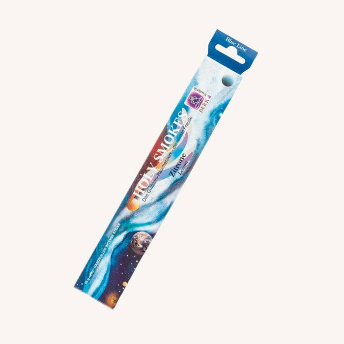 Verpackung der Blue Line Raeucherstaebchen mit Zitronenduft in blauem Design