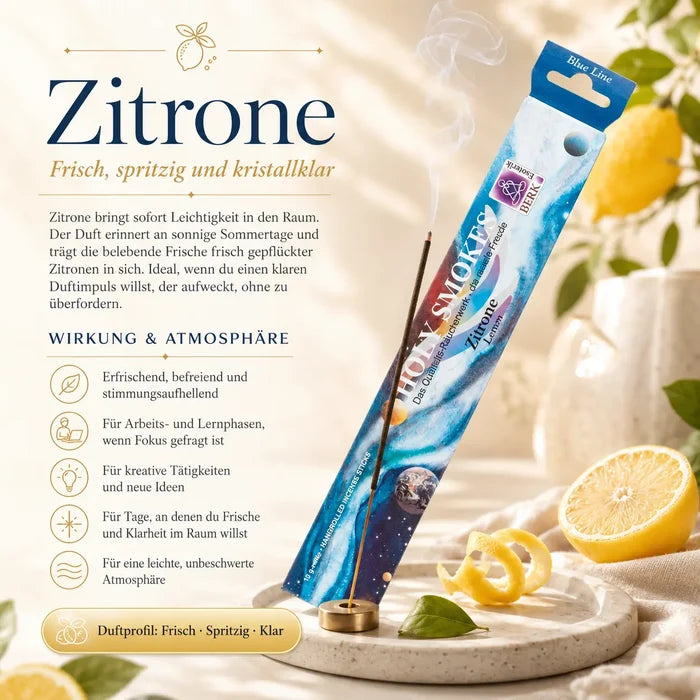 Berk Holy Smokes Räucherstäbchen Zitrone – Blue Line Packung mit brennendem Stäbchen, Zitronen und Kerzen