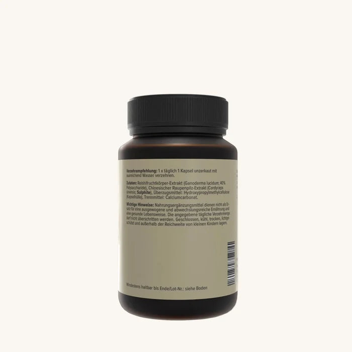 Natura Nova Reishi & Cordyceps Kapseln Rückseitenansicht mit Inhaltsstoffen und Nährwertangaben