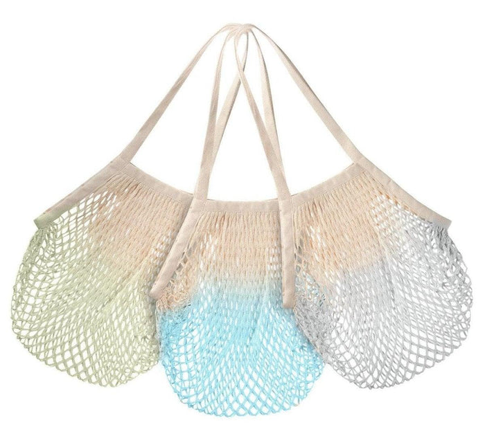 Three Turmerry reusable grocery shopping bags with mesh design in grey, blue, and green hues, on white background.