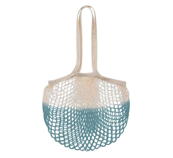 Turmerry reusable grocery shopping bag with mesh design in indigo blue, on white background.