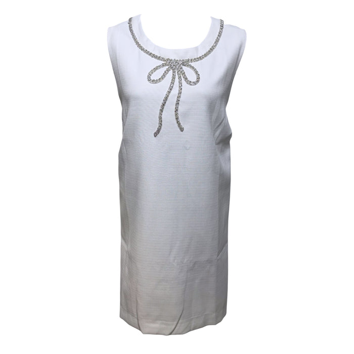 RHINESTONE BOW EMBELLISHED MINI DRESS By English Factory In White, Size: 3x