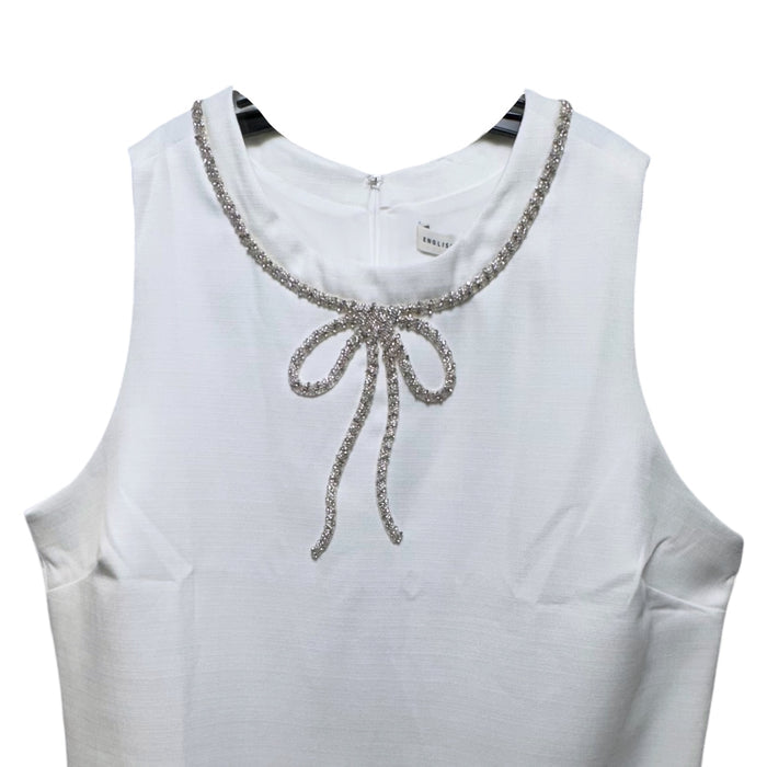 RHINESTONE BOW EMBELLISHED MINI DRESS By English Factory In White, Size: 3x