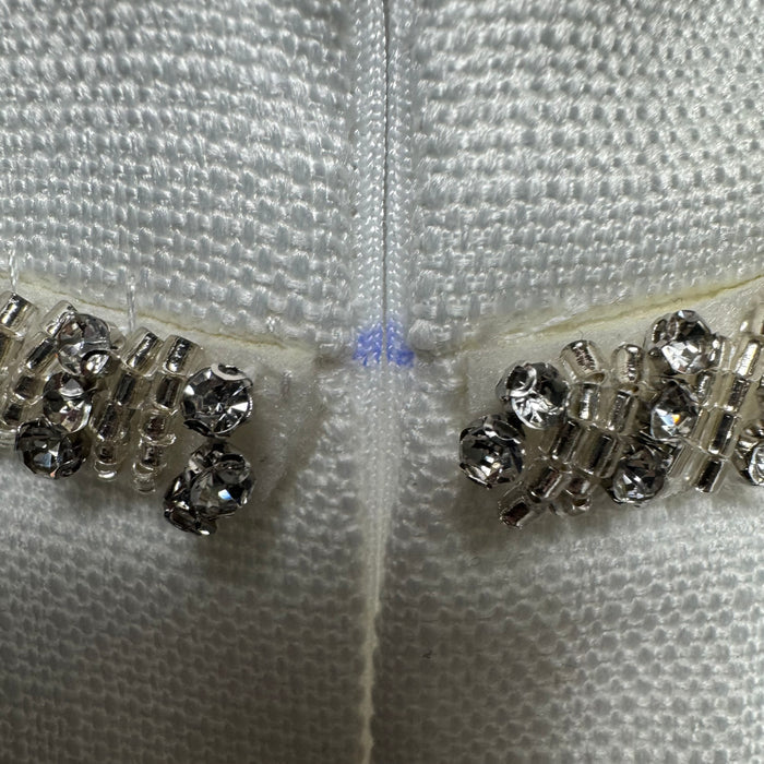 RHINESTONE BOW EMBELLISHED MINI DRESS By English Factory In White, Size: 3x