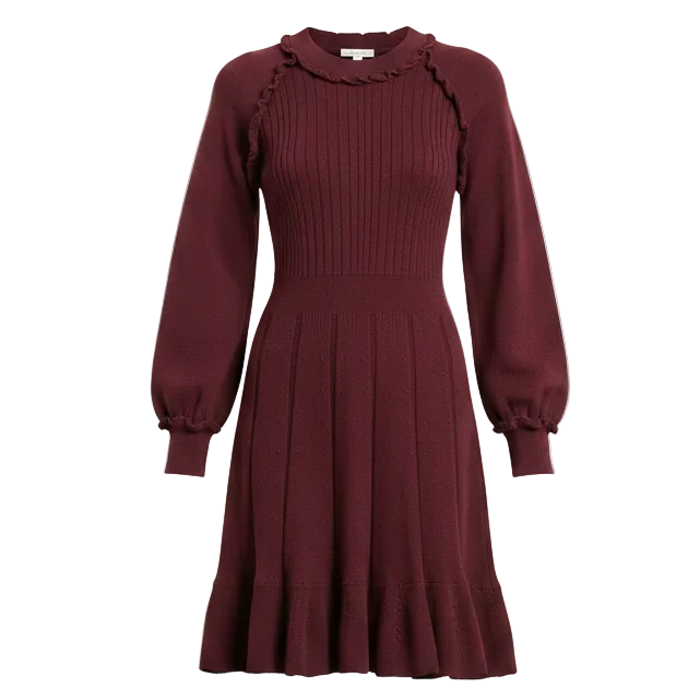 Ruffle Wool Blend Midi Sweater Dress By Pearl by Lela Rose In Purple, Size: M