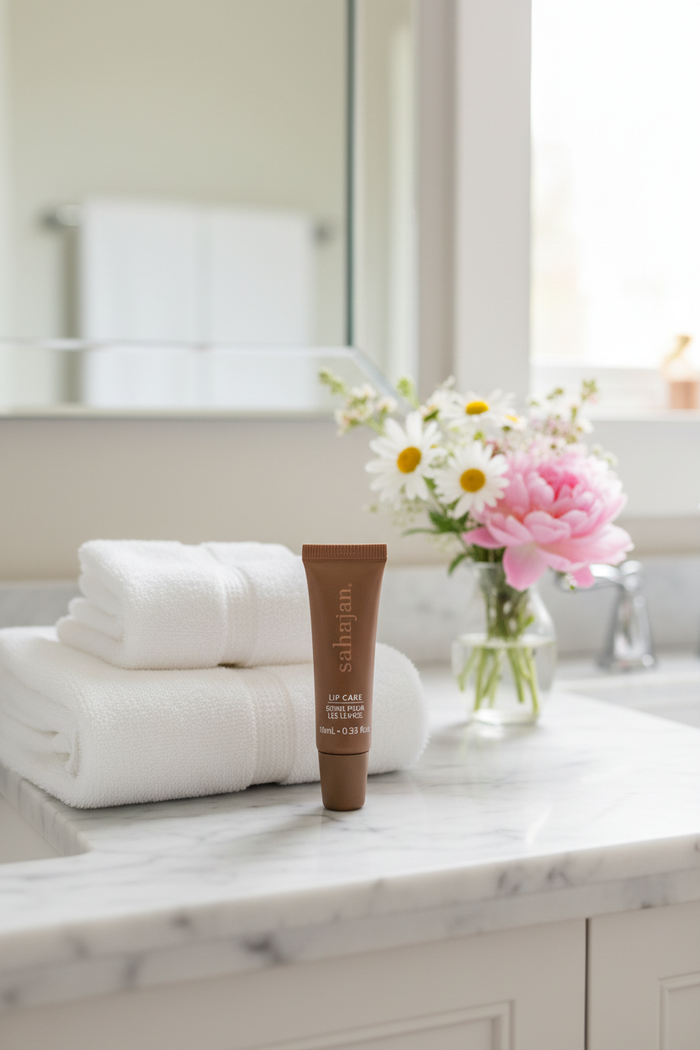 Sahajan Lip Care 10ml luxury hotel lip balm on a home bathroom marble vanity with white towels and fresh wildflowers — found  in many  Marriott luxury hotel properties