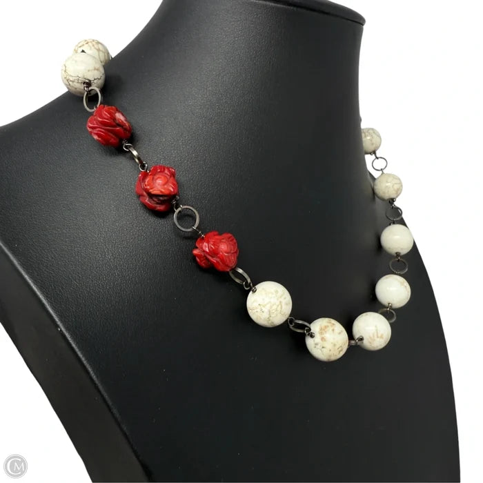 Scolecite & Carved Coral Flower Beaded Collar Necklace