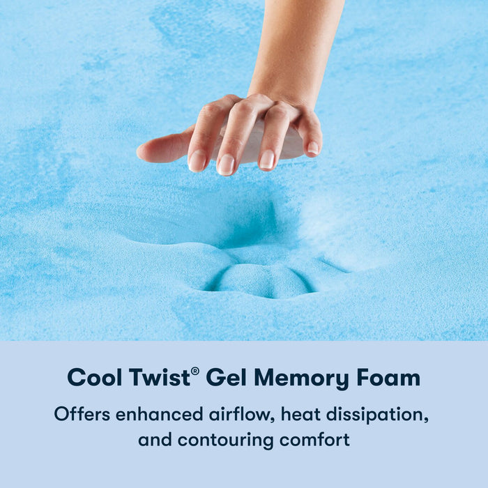 Woman's hand pressing on the gel memory foam of 11 inch foam mattress || feel: Firm