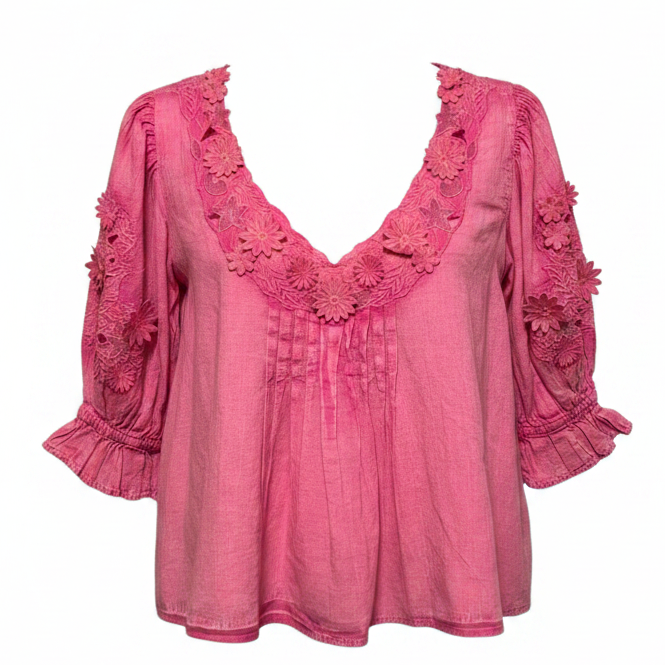 Sophie Embroidered Top Short Sleeve By Free People In Pink, Size: S