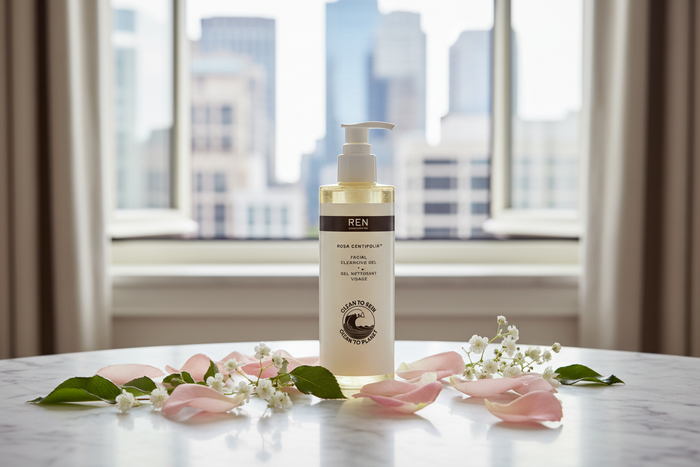 REN Rosa Centifolia Facial Cleansing Gel on luxury marble bathroom counter at St. Regis hotel