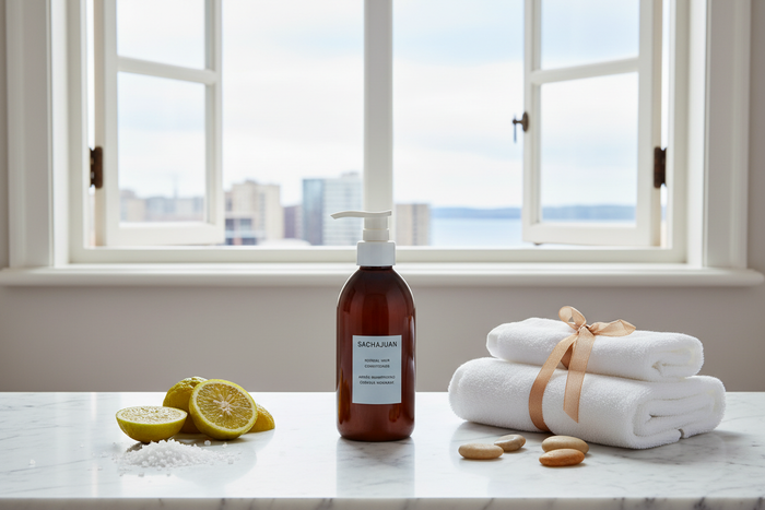 Sachajuan Hair Repair Conditioner on luxury marble bathroom counter with city view