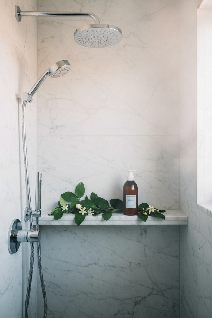 Sachajuan Hair Repair Conditioner in luxury hotel shower with eucalyptus and marble