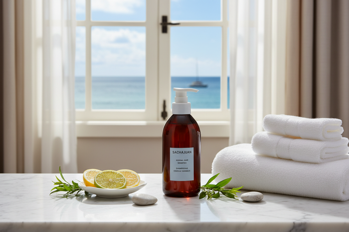 Sachajuan Shampoo on luxury marble bathroom counter with city view