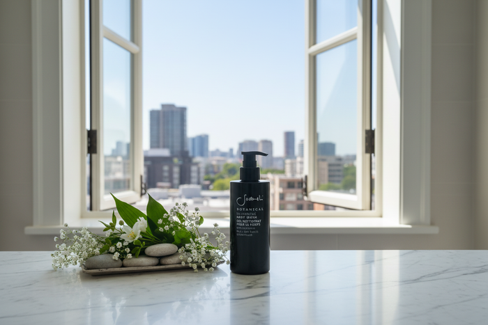 Sodashi Botanical Body Lotion on luxury marble bathroom counter at St. Regis hotel