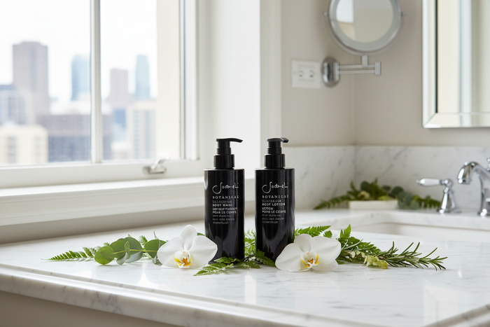 Sodashi Botanical Body Wash on luxury marble bathroom counter at St. Regis hotel