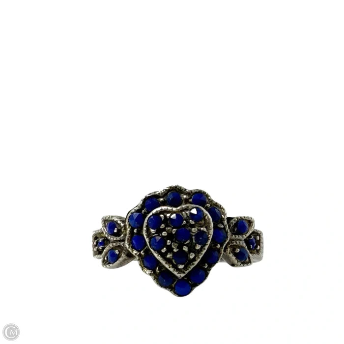 Sterling Silver & Blue Stone Heart Cluster Ring, Size: 7