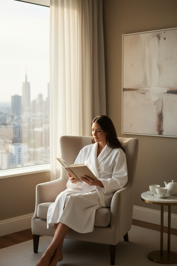 woman in a luxury microfiber hotel robe reading by a window with a city view