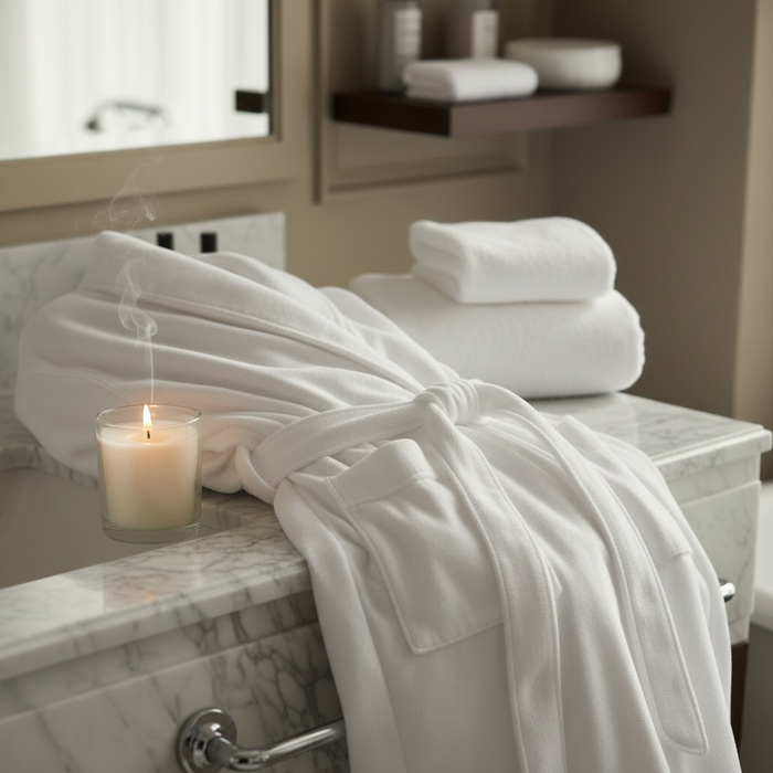 Luxury microfiber hotel robe draped on a marble counter next to a lit candle and stacked towels, creating a serene atmosphere.