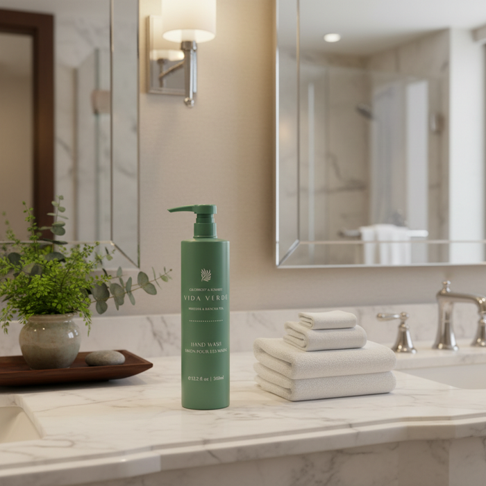 Vida Verde Hand Wash on spa bathroom counter with white towels and green botanicals