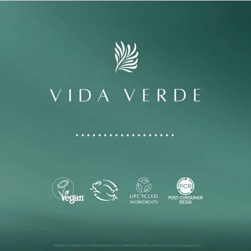 Vida Verde logo with icons highlighting vegan, upcycled ingredients, and post-consumer resin, promoting eco-conscious beauty.