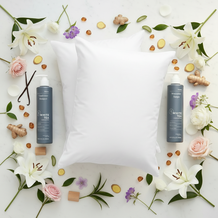 Westin Bed & Bath Set Queen — two Heavenly Bed queen pillows with White Tea Shampoo and Conditioner displayed on white marble, luxury Westin Heavenly collection bundle for queen beds
