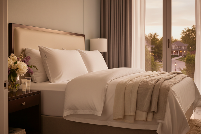 Westin Bed & Bath Set Queen — two plush Heavenly Bed queen pillows on a beautifully styled queen bed with White Tea Shampoo and Conditioner visible in the ensuite shower, warm cozy luxury home bedroom setting